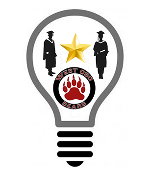 lightbulb outline with graduate profiles and West Oso logo
